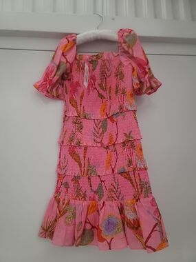 Girls' Pink Floral Smocked Tiered Dress